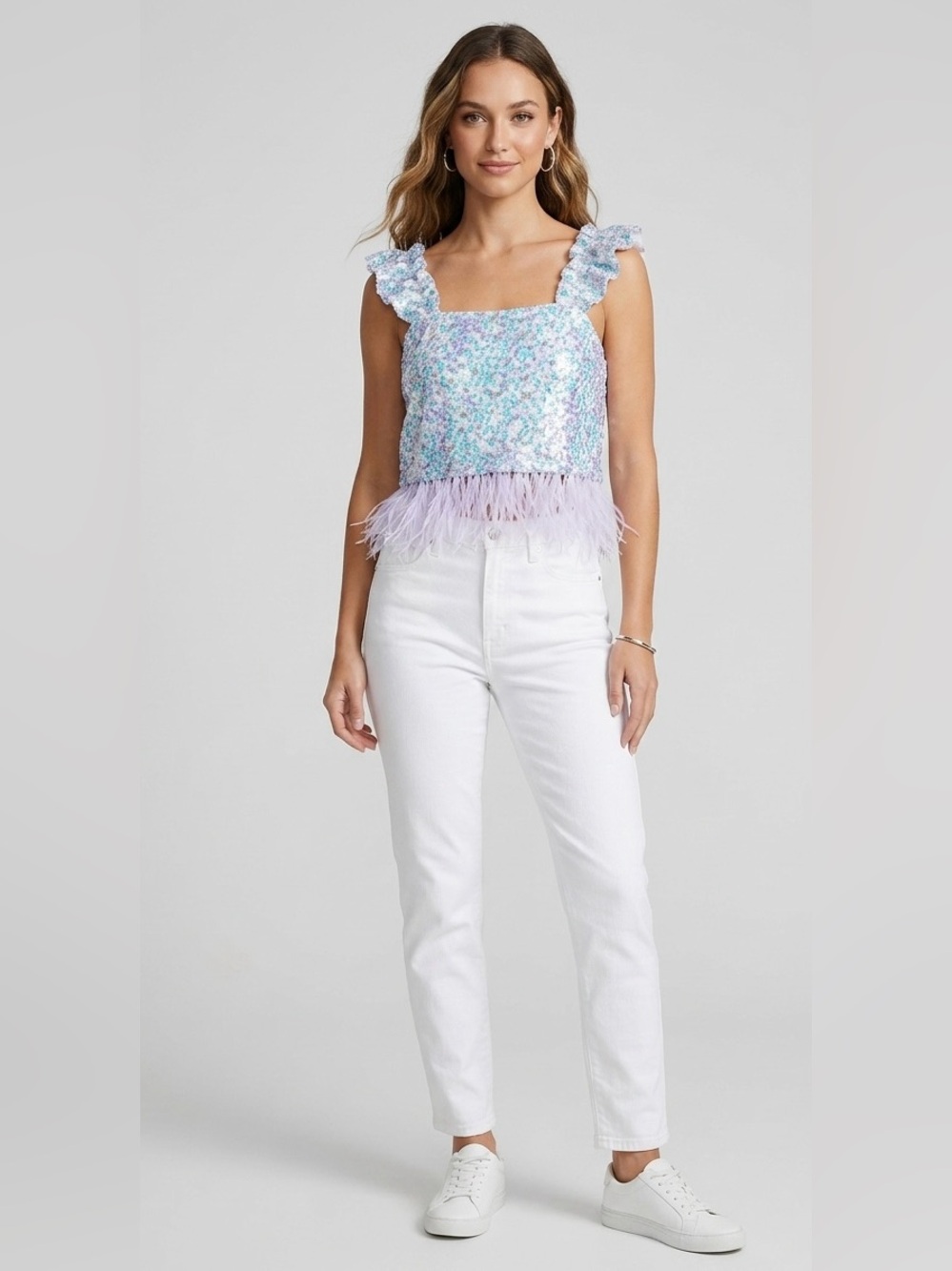 Queen of Sparkles Floral Sequin Feather Tank Top In Purple/Blue - Size‎ S
